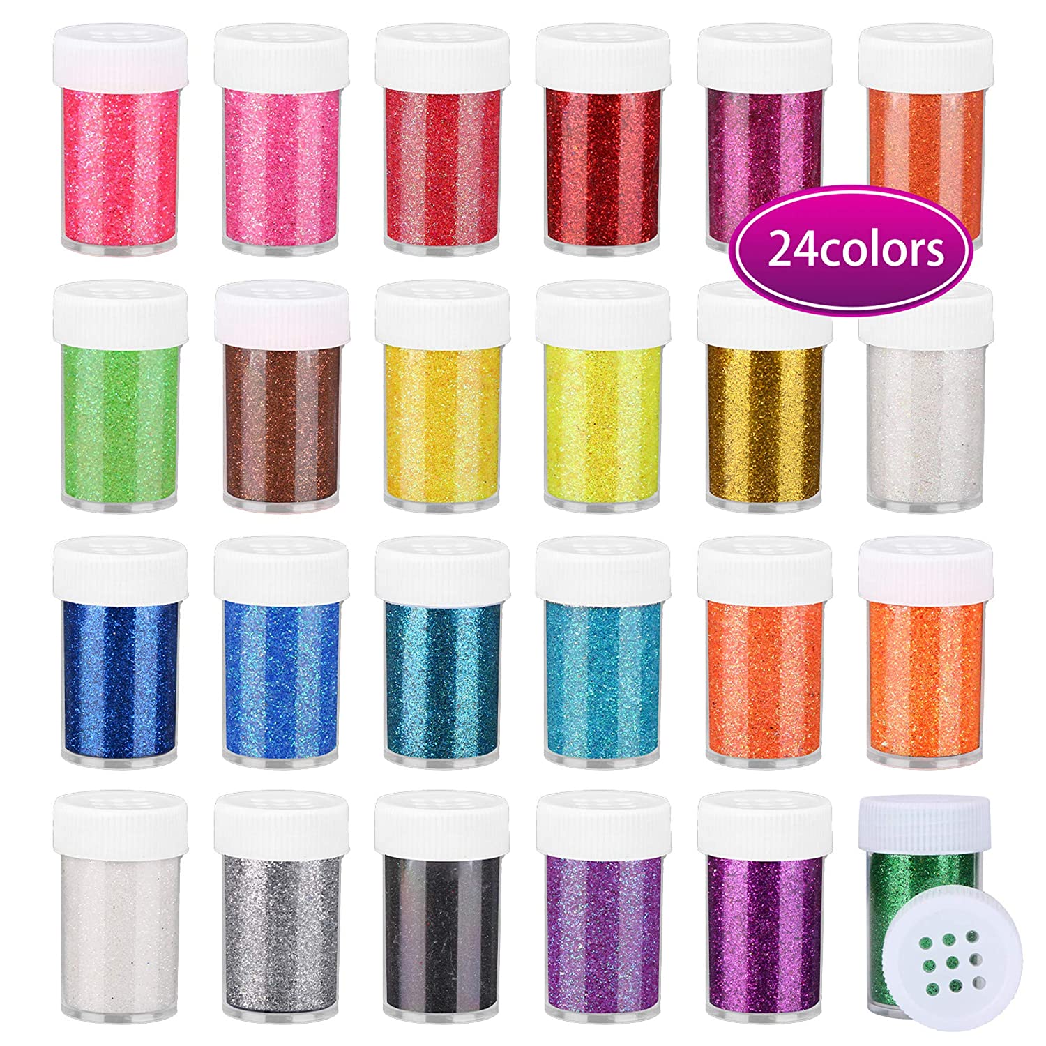 Fine Glitter Set 20g, Teenitor 24pcs Glitter Shake Jars for Art Crafts Painting Scrapbooking Body Slime Holiday Party Supply, Multi Color Assorted Set