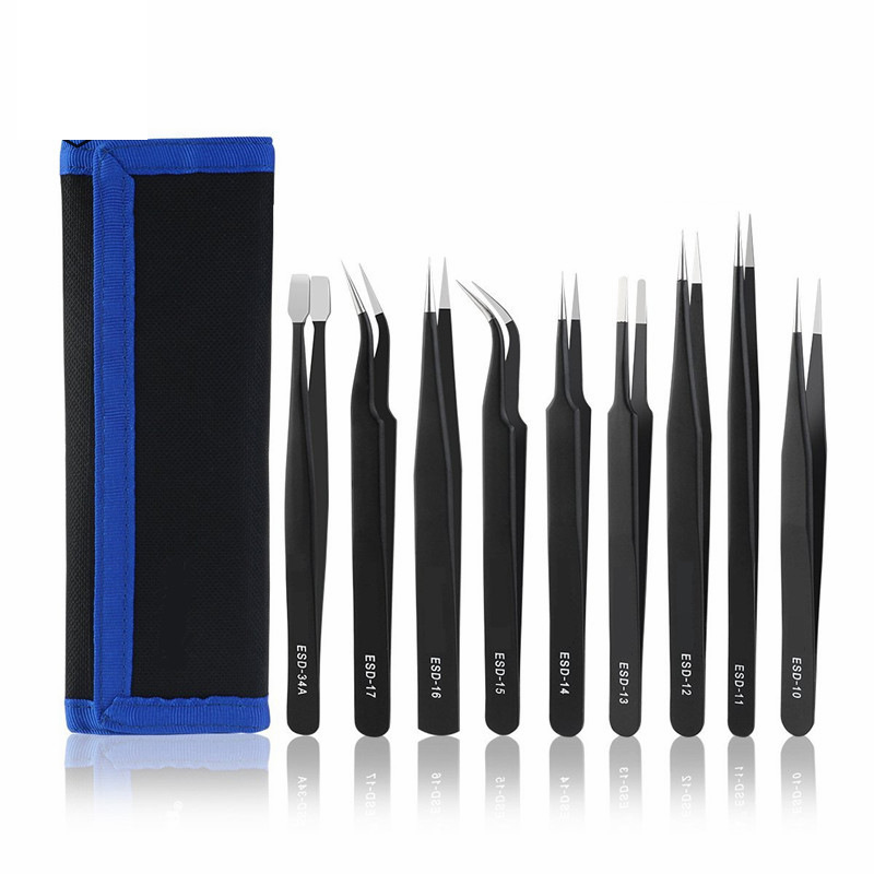 Precision Tweezers Set,9 PCS ESD Tweezers Set, Anti-Static Stainless Steel Tweezers Kit, Non-magnetic and Multi-standard Stainless Steel Tweezers for Lab, Electronics, Jewelry and Detailed Work