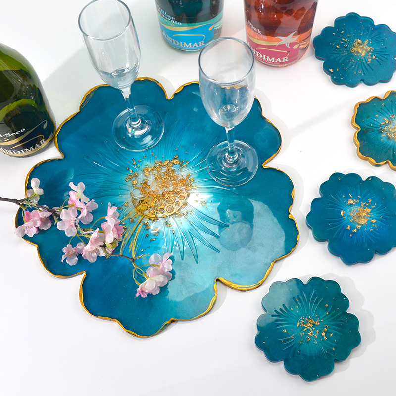 Resin Flower Coaster Molds, 1PCS Large Resin Tray Mold and 5PCS / 3 PCS Coaster Molds for Resin Casting, Flower Shape Epoxy Resin Casting Molds for DIY, Home Decoration, Table Wine Tray
