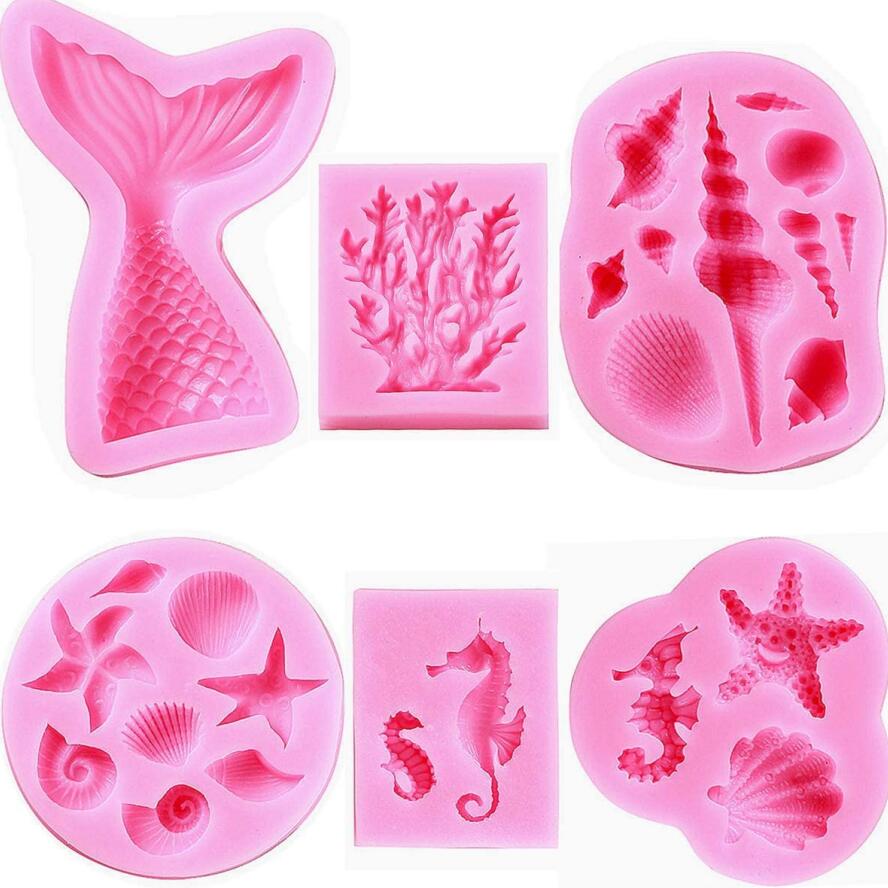 Marine Theme Fondant Silicone Mold,Seashell,conch, Mermaid Tail,Seahorse,starfish,coral, DIY Handmade Baking Tools for Mermaid Theme Cake Decoration