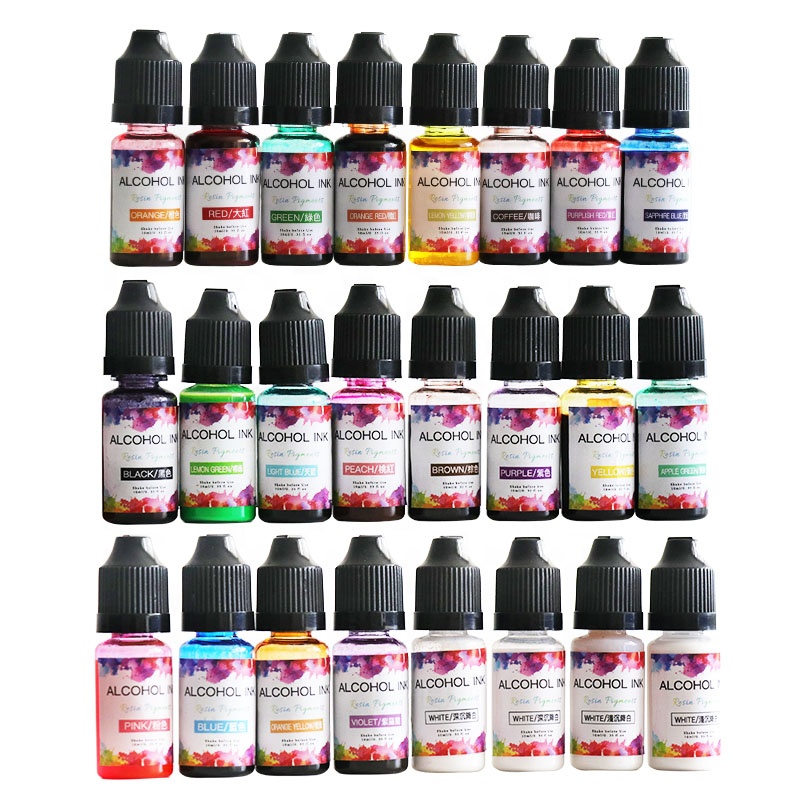 Alcohol Ink Set - 24 Highly Saturated Alcohol Inks - Acid-Free, Fast-Drying and Permanent Alcohol-Based Inks - Versatile Alcohol Ink for Resin, Tumblers, Fluid Art Painting, Ceramic, Glass and Metal