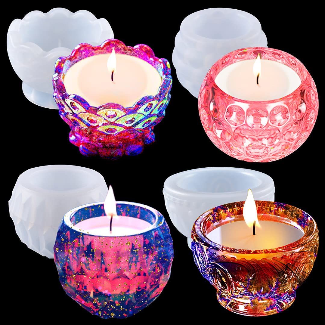 4 Shapes Tealight Candle Holder Resin Molds Succulent Planter Silicone Molds for Resin Epoxy Casting Mold for DIY Candlestick Jewelry Box Flower Pot Wedding Home Table Decor