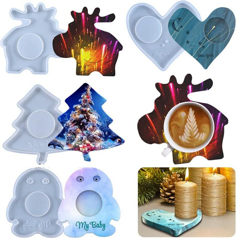 4 Shapes Silicone Coaster Tray Making Mold Love Heart Xmas Tree Elk Penguin Cup Mat Pad Resin Epoxy Casting Mould Candle Holder Craft Molds Handmade Gift  