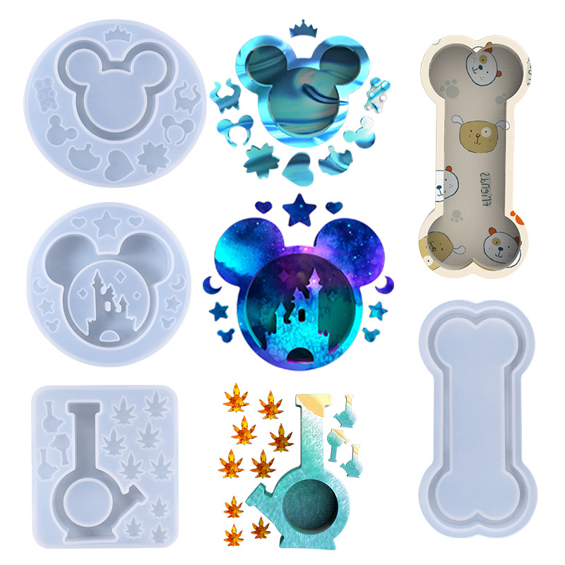 4 Styles Resin Molds for Cute Mouse Head Silicone Castle Bow Shaped Shaker Mold Christmas Resin Molds for DIY Keychain Hanging Pendant Jewelry Decorations