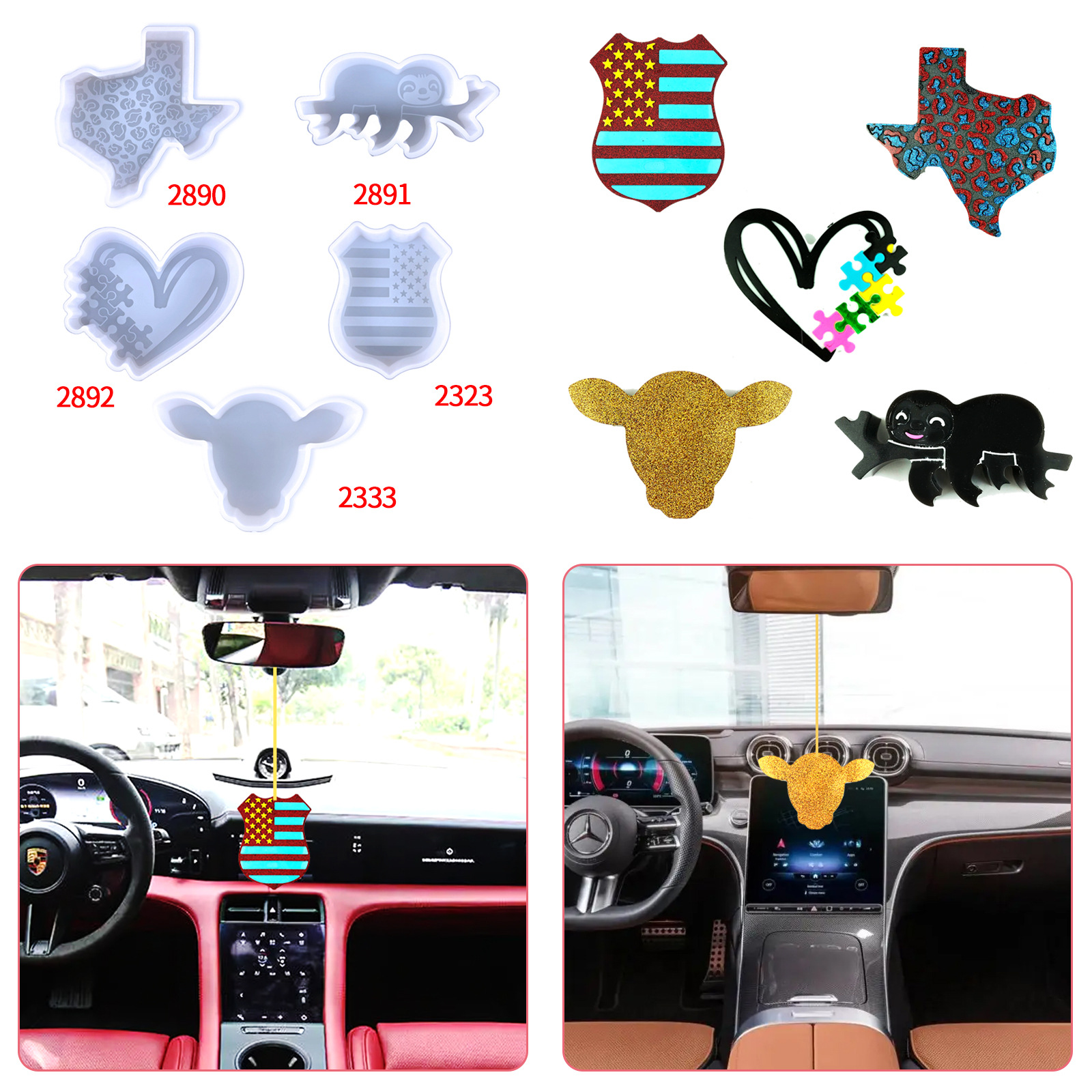 Amazon Hot Sale Fashion Style Car freshie Molds, Police Badge with American Flag Sloth Heart Cow Head Silicone Molds for Freshie, Soap, Resin, Candles Making (5 Shapes)