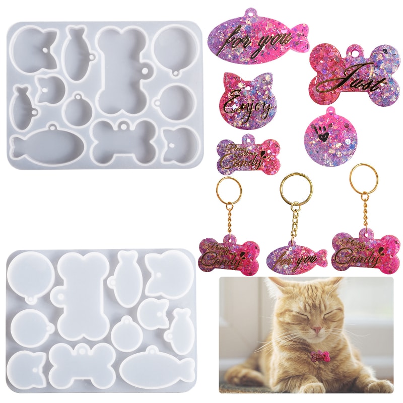 DIY Cat Pet Hanging Pendant Keychain Mold Fish Dog Bone Anti-loss Nameplate Pendant Silicone Casting Mold