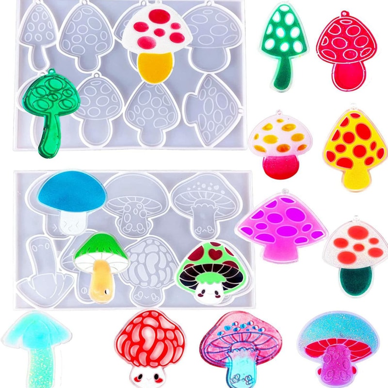 2 Shapes Mushroom Keychain Resin Mold Silicone Molds Epoxy Resin 15 Kinds Mushroom Shaped Key Rings for Pendant with Hole Jewelry Keychain, DIY Making Decor Art Crafts