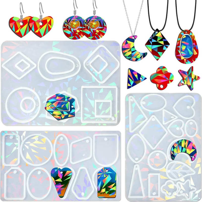 Holographic Resin Molds Jewelry,3 Shapes Resin Earring Molds Silicone of Geometric Designs, Variety Size Holographic Jewelry Epoxy Resin Molds for Pendant, Earrings, Necklace, Keychains