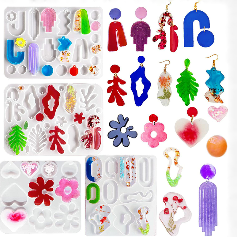 4 Shapes Earrings Mold Geometrical Flower Shaped Epoxy Silicone Casting Molds for Jewelry Pendant Necklace Ornament Keychain, 3D DIY Making Women Earrings Decor Crafts