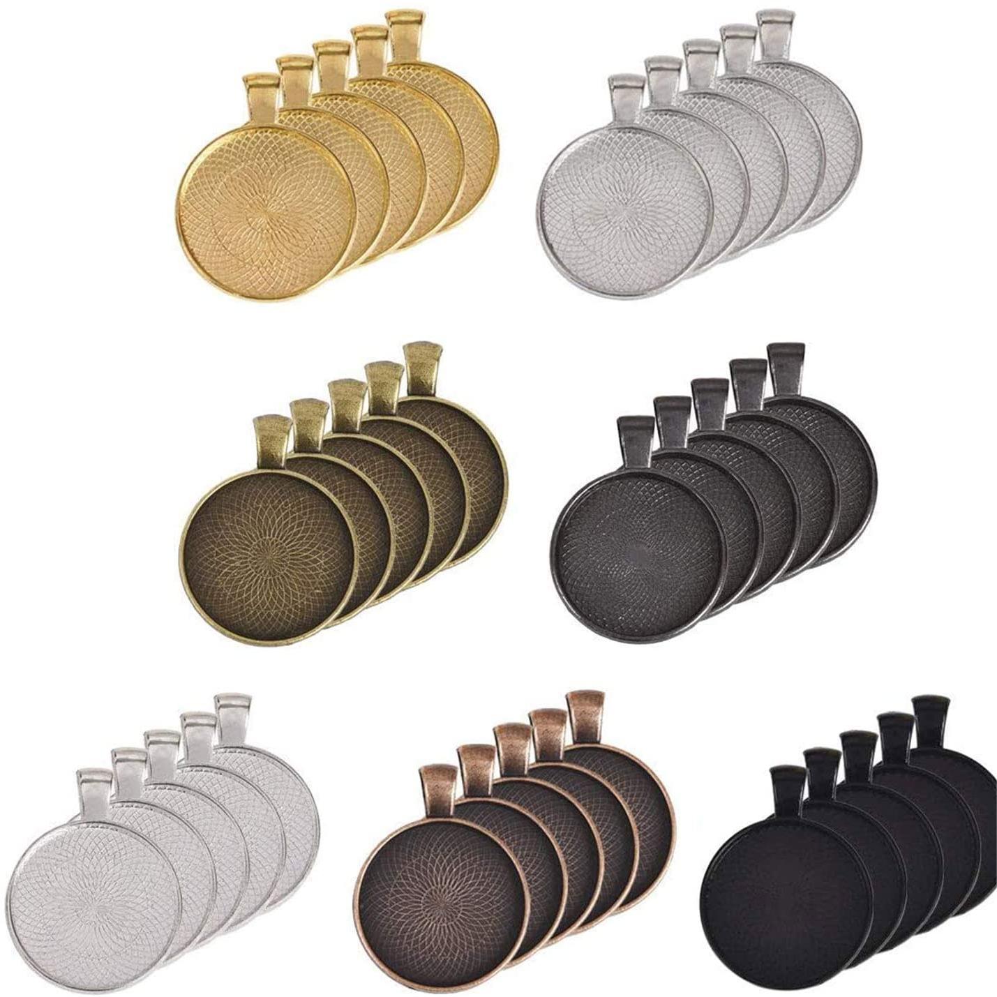 7 Colors Pendant Trays Round Bezel Blanks for Jewelry Making, Metal Alloy Cabochon Round Dome-25 mm/1 inch Diameter for Crafting DIY Photo Pendant