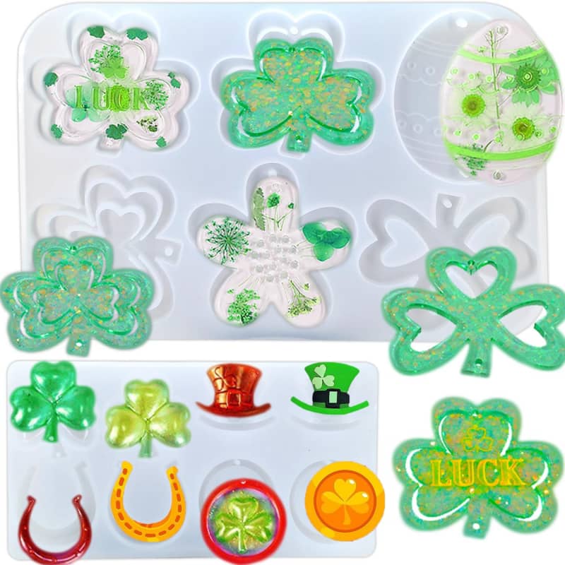 2 Shapes St. Patrick's Day Silicone Molds Large Shamrock Keychain Resin Mold Lucky Clover Irish Hat Horseshoe Shape Molds for DIY Necklaces Jewelry Key 