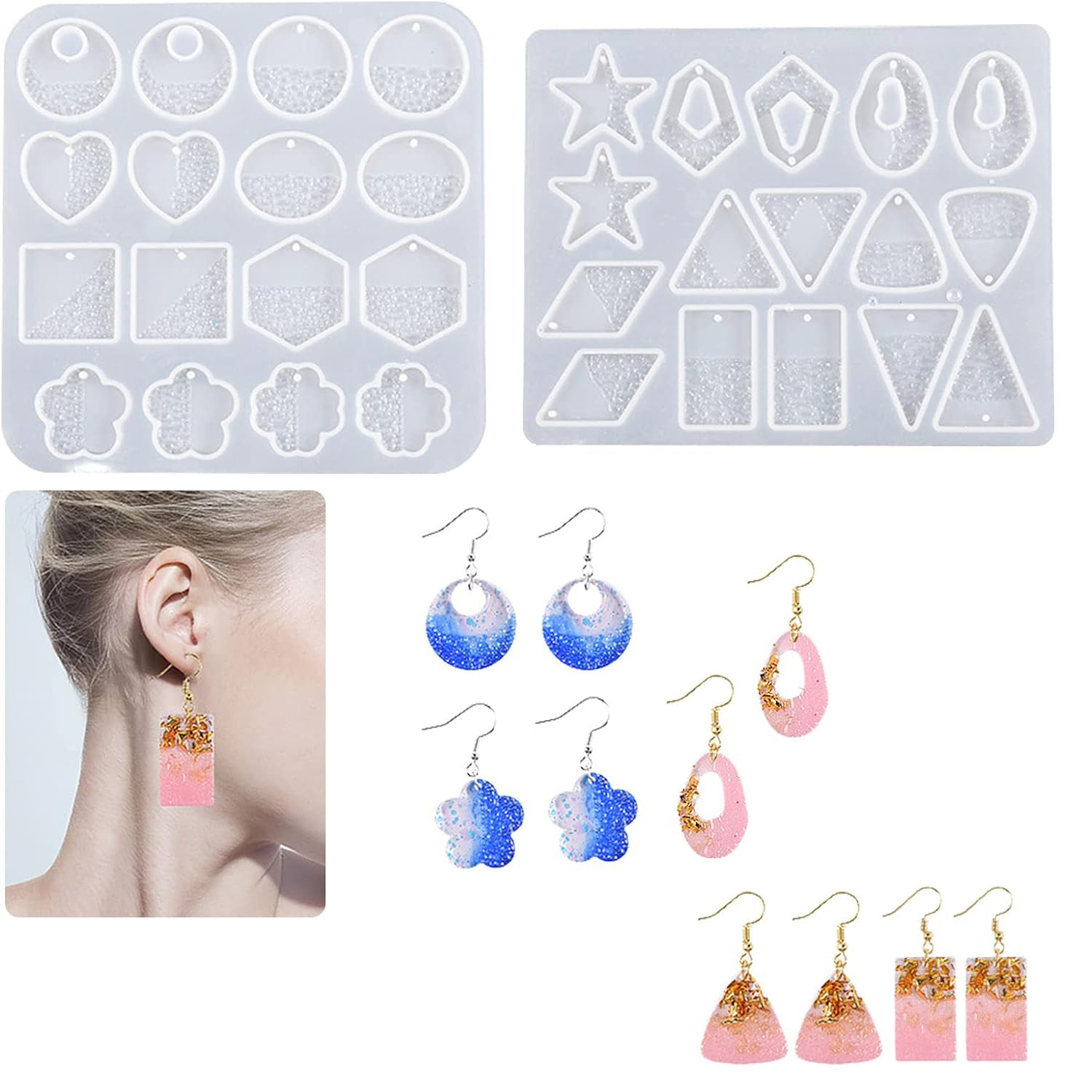 Epoxy Resin Molds Earring Making Kit, Resin Jewelry Mold with Earring Hooks Pendant Molds for DIY Resin Craft Beginners Kit