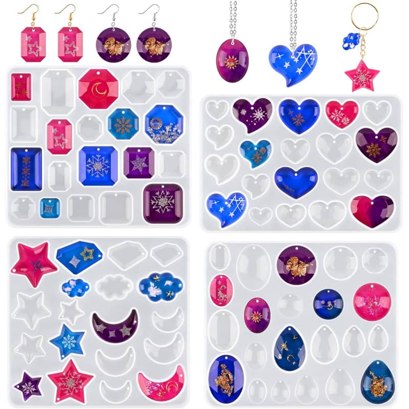 Actvty Earring Resin Mold with Holes, Silicone Pendant Epoxy Molds, Jewelry Molds for DIY Gem Cabochon, Earrings, Necklace, Jewelry, Keychain (4 Shapes)