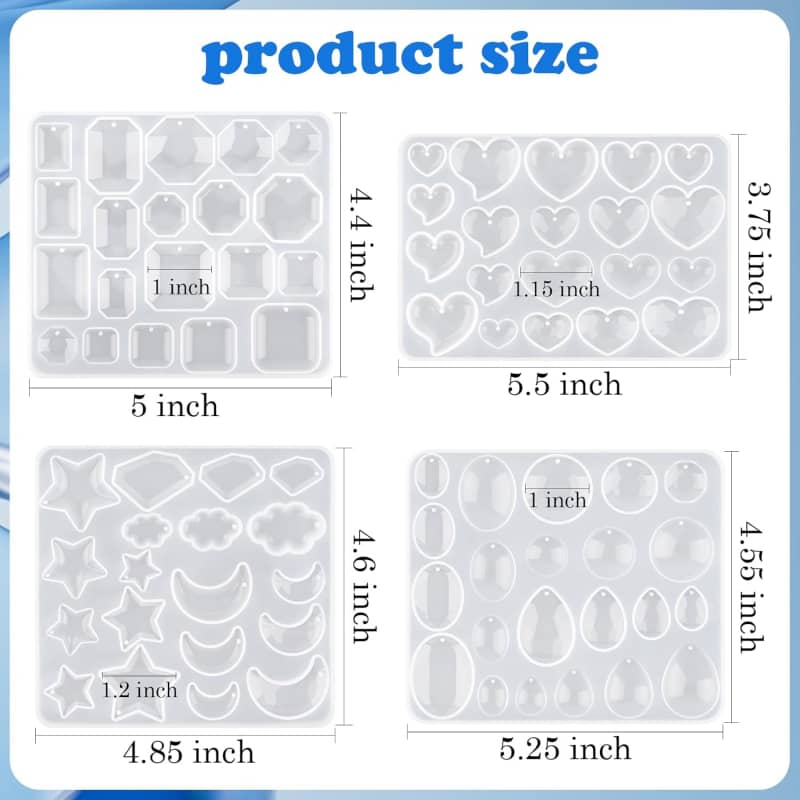 Actvty Earring Resin Mold with Holes, Silicone Pendant Epoxy Molds, Jewelry Molds for DIY Gem Cabochon, Earrings, Necklace, Jewelry, Keychain (4 Shapes)