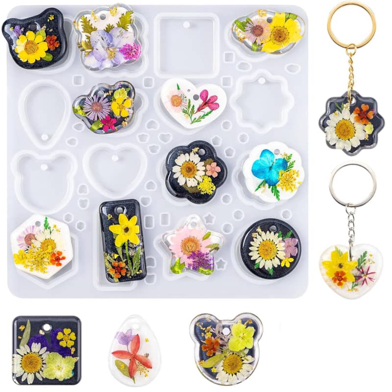 Keychain Resin Molds Silicone with Hole, 16 Cavities Resin Jewelry Mold for Keychain Pendant Jewelry Making