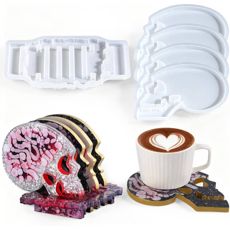 4Pcs Skull Coaster Resin Molds, Coaster Silicone Molds with Holder, Halloween Coaster Molds for Epoxy Resin, Skull Coasters Decoration for Festival, Ideal Gifts for Crafter and Artist