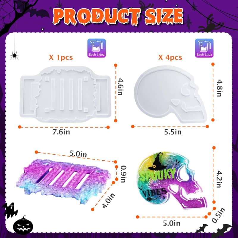 4Pcs Skull Coaster Resin Molds, Coaster Silicone Molds with Holder, Halloween Coaster Molds for Epoxy Resin, Skull Coasters Decoration for Festival, Ideal Gifts for Crafter and Artist