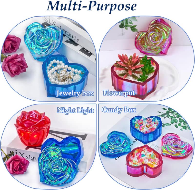 Heart Jar Resin Mold with Rose Lid Epoxy Resin Storage Box Casting Molds DIY Jewelry Candle Trinket Candy Container Silicone Mould