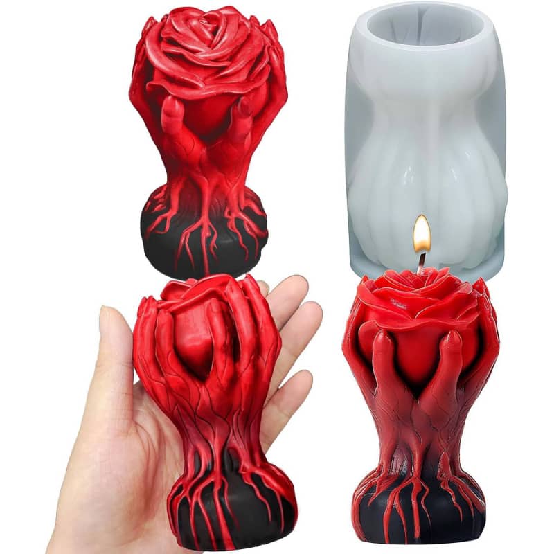 Hand Holding Rose Candle Mold, 3D Flower Silicone Mold for Candles Pillar Wax Plaster Epoxy Resin Craft Casting Gothic Home Décor