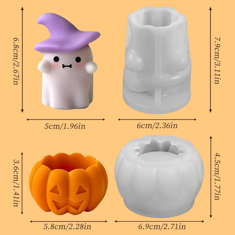 Set of Pumpkin + Ghost Silicone Molds for DIY Fun Cute Candlestick Holder Tealight Candles Wax Soap Plaster Epoxy Resin Craft Casting Thanksgiving Décor