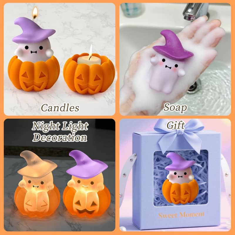 Set of Pumpkin + Ghost Silicone Molds for DIY Fun Cute Candlestick Holder Tealight Candles Wax Soap Plaster Epoxy Resin Craft Casting Thanksgiving Décor