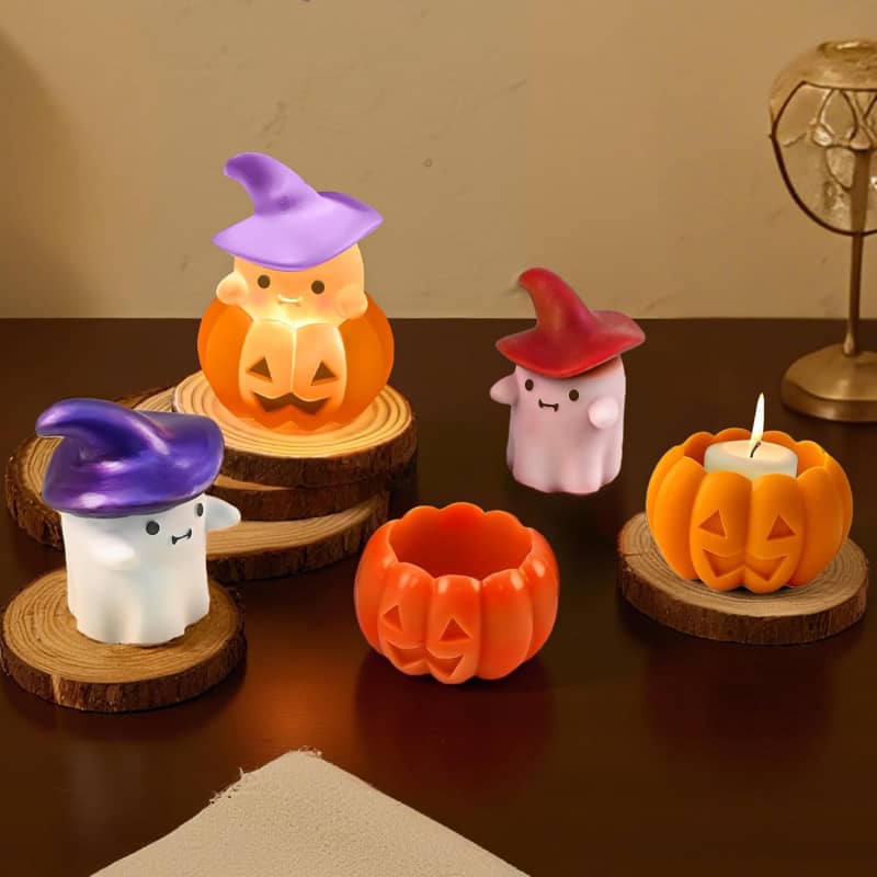Set of Pumpkin + Ghost Silicone Molds for DIY Fun Cute Candlestick Holder Tealight Candles Wax Soap Plaster Epoxy Resin Craft Casting Thanksgiving Décor